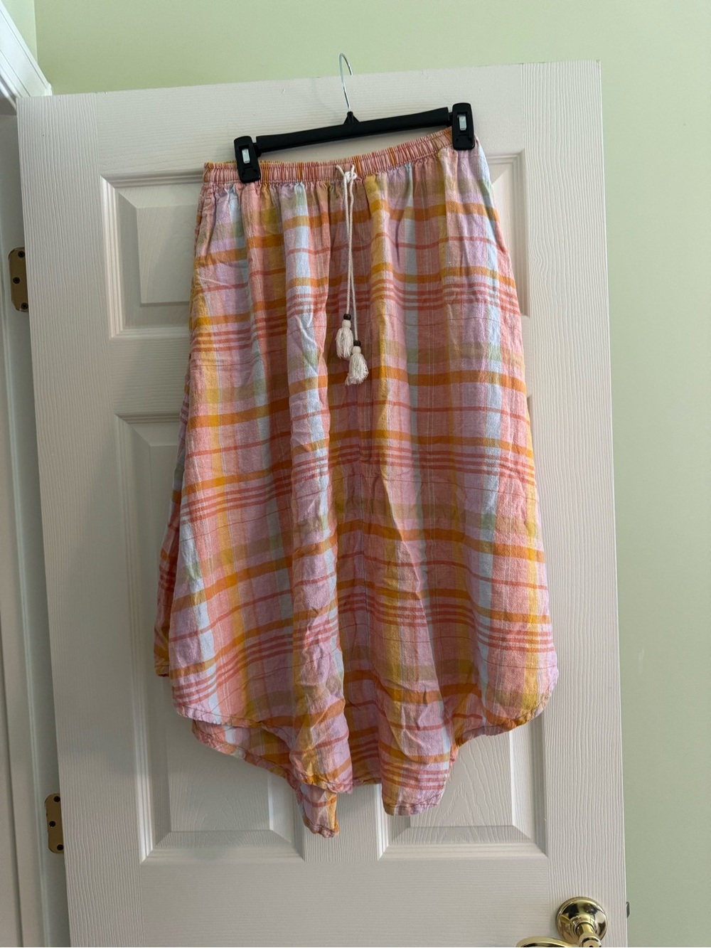 American Eagle Outfitters Pink and Yellow Plaid Midi Skirt